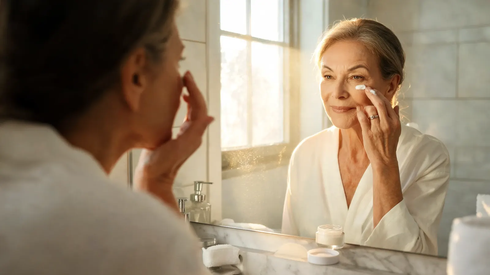 Woman in her mid-fifties gently patting under-eye area with ring finger in a bathroom mirror, warm morning light