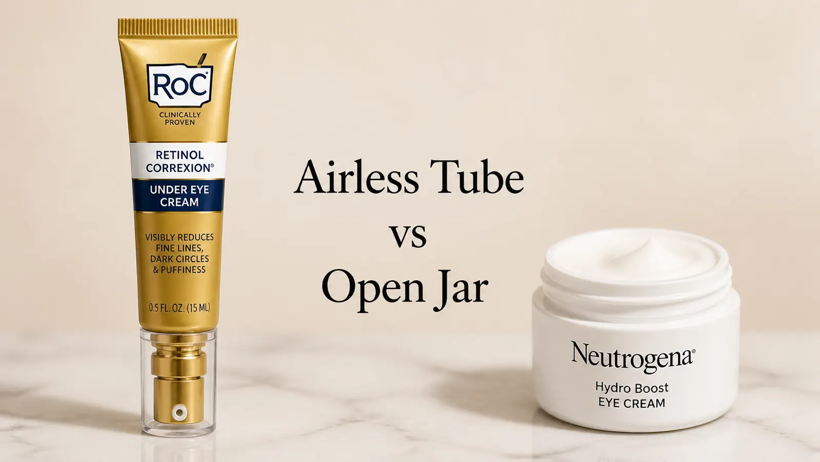 Airless tube packaging of RoC Retinol Correxion eye cream next to open jar of Neutrogena eye cream, showing packaging difference