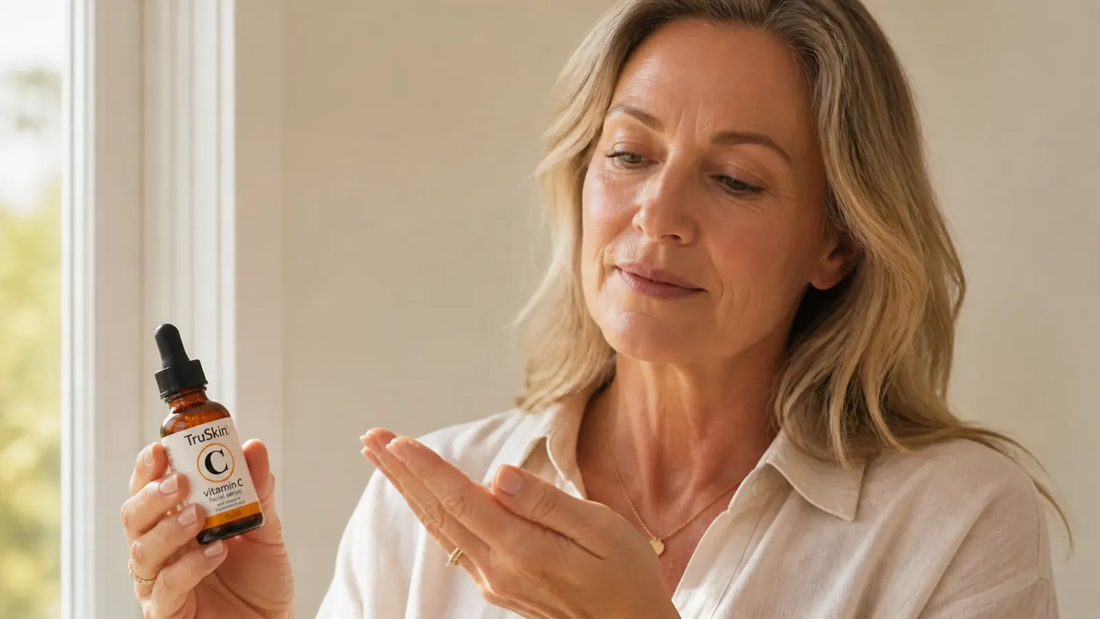 Woman in her mid-fifties examining serum on fingertips, looking thoughtful rather than impressed
