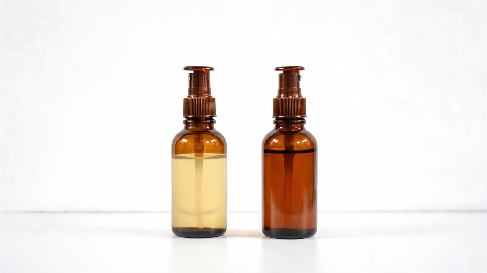 Two identical serum bottles side by side, one pale yellow and fresh, one visibly orange-brown and oxidized