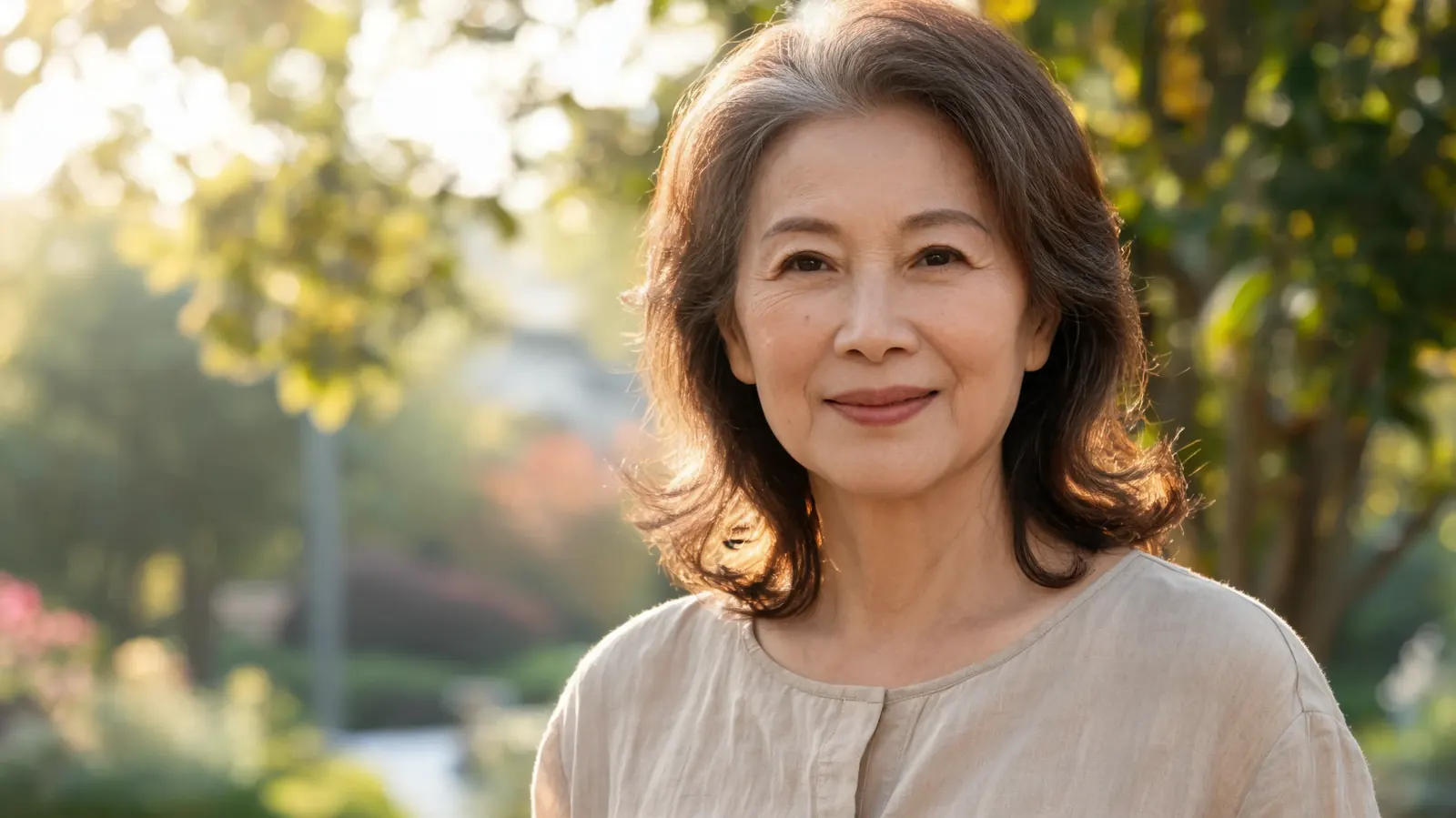 Woman in her fifties smiling outdoors in morning light, skin looking healthy and rested