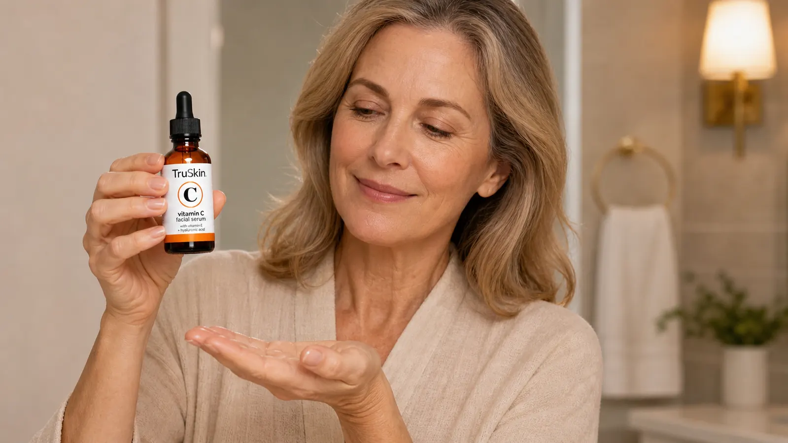 Close-up of a woman's hand holding a small TruSkin vitamin C serum bottle, skin visible on the back of the hand looking healthy
