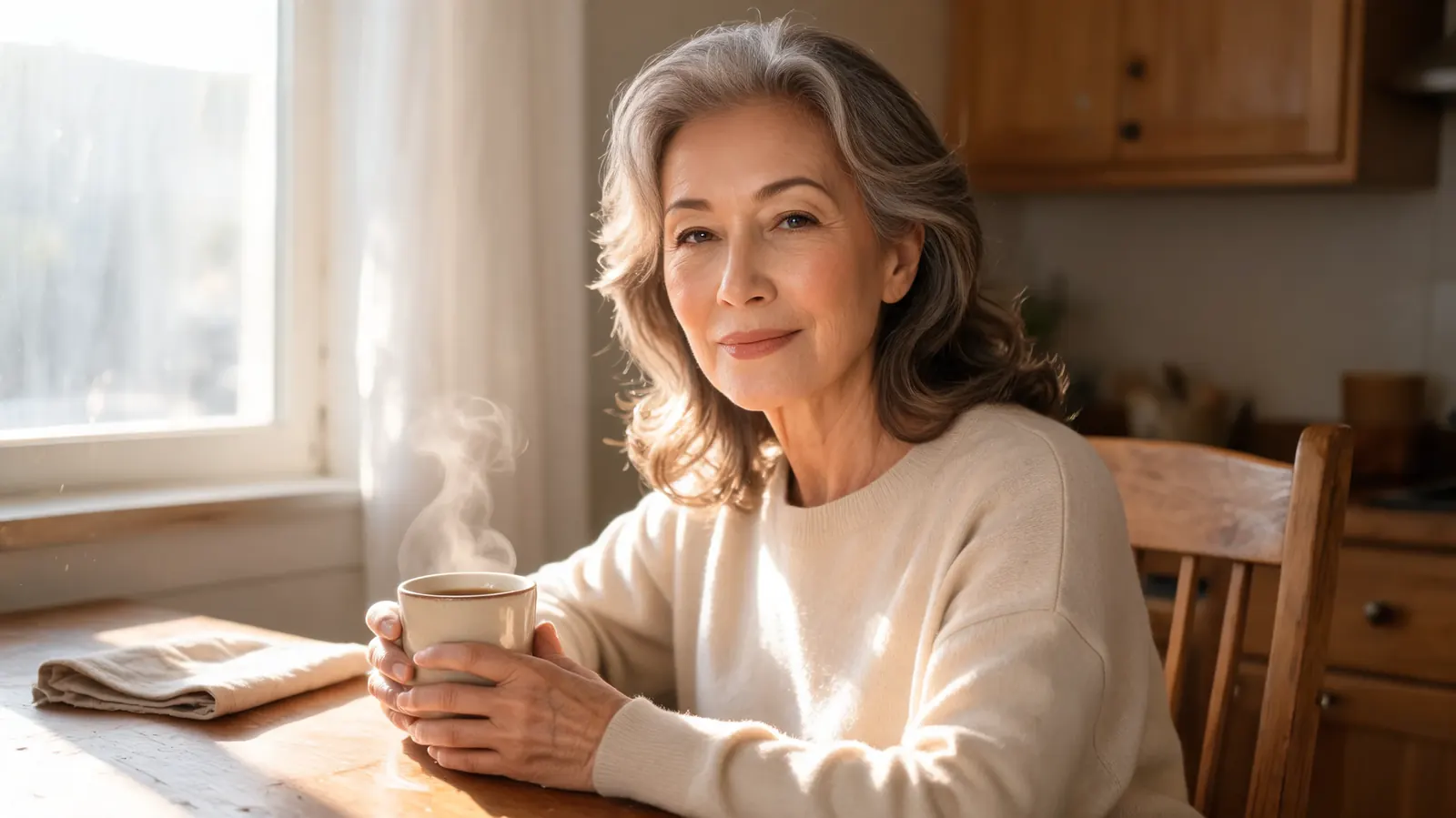 Woman in her fifties drinking morning coffee at a kitchen table, skin looking luminous in natural light, relaxed and comfortable