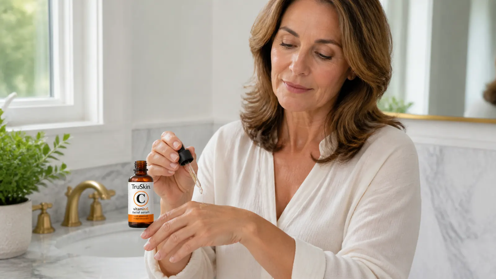 Hand applying a drop of TruSkin Vitamin C Serum onto fingertips before pressing gently onto cheek