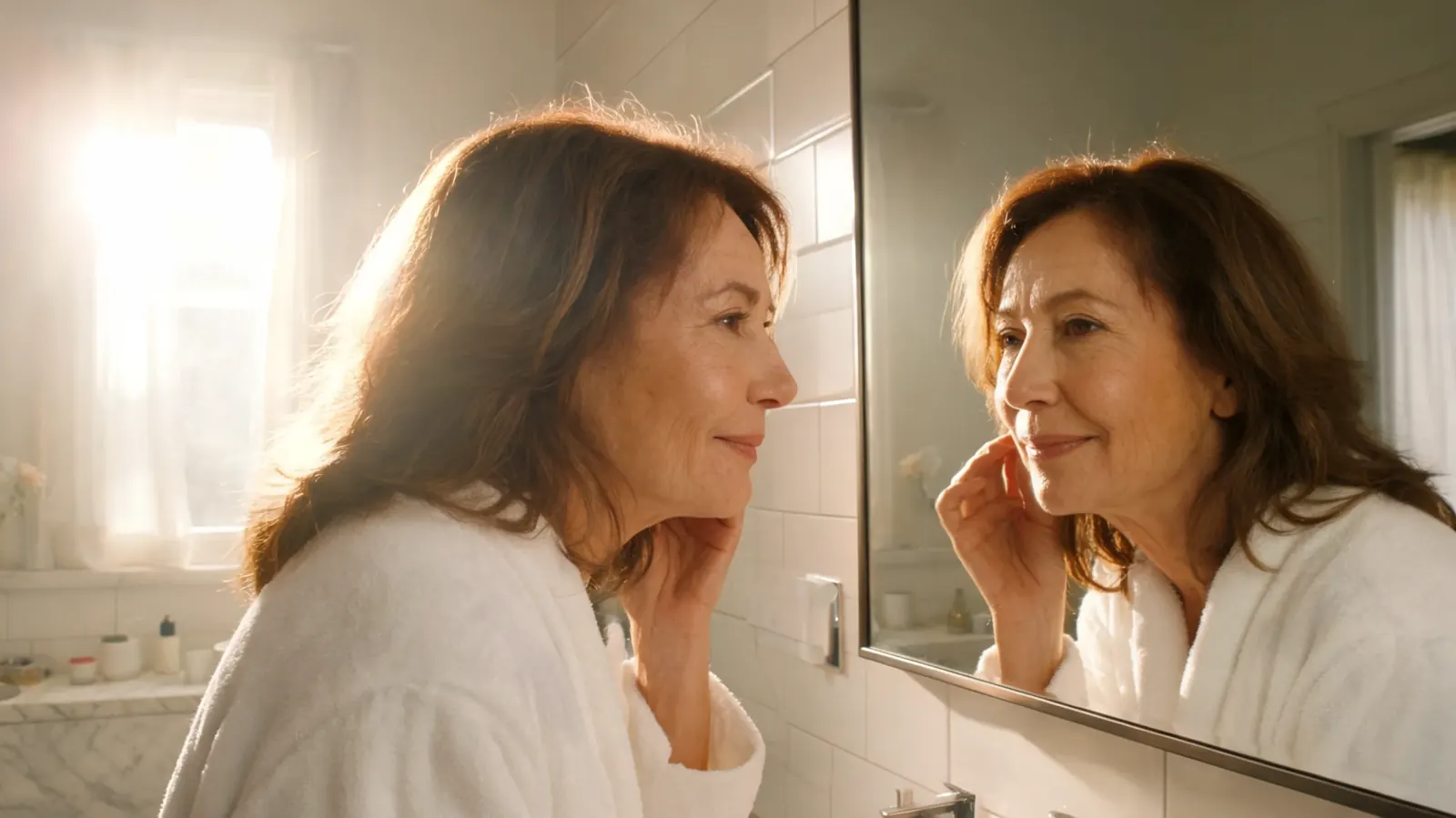 Woman in her fifties looking at her reflection in a bathroom mirror with good natural light, clear calm skin