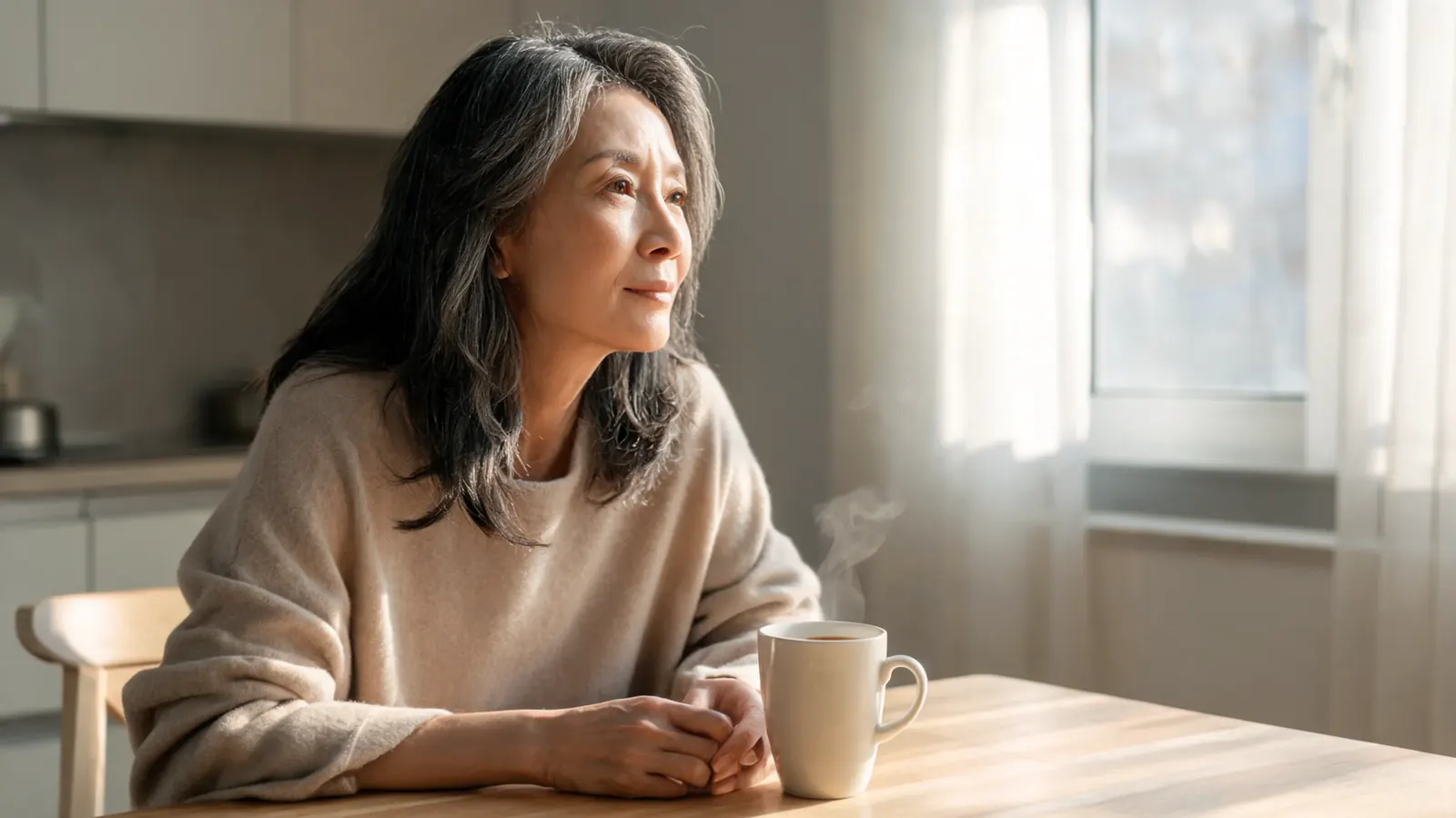 A woman in her mid-fifties sitting at a kitchen table with a cup of tea, looking thoughtful, morning light, calm domestic scene