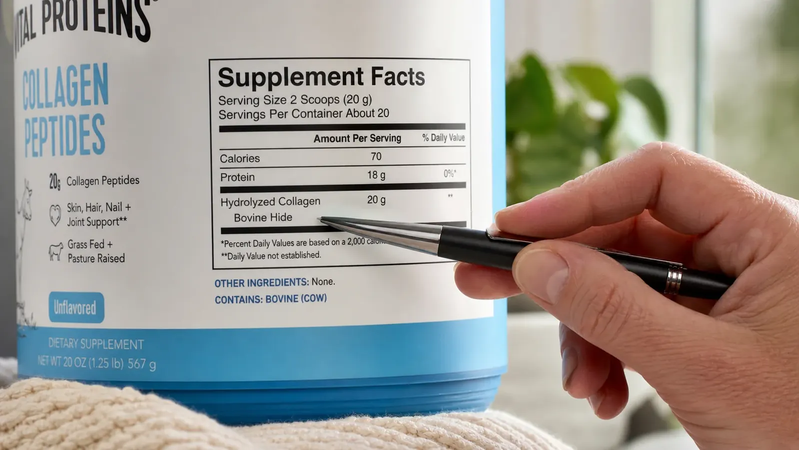 A close-up of a supplement facts label showing collagen peptide ingredients, with handwritten question marks near the bovine source notation