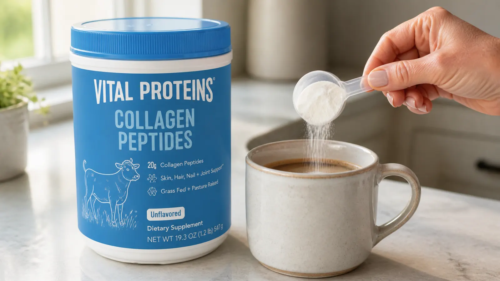 Hand spooning a scoop of unflavored collagen peptide powder into a white mug of black coffee, powder dissolving without clumping