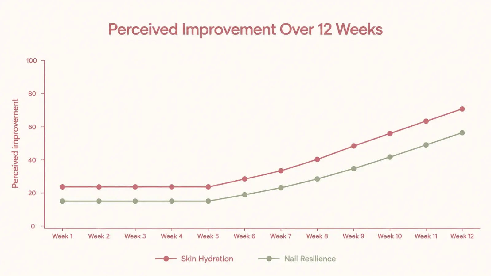 Simple line chart showing a gradual improvement curve in skin hydration and nail strength scores across weeks 1 through 12, with weeks 1-4 mostly flat, improvement beginning around week 6