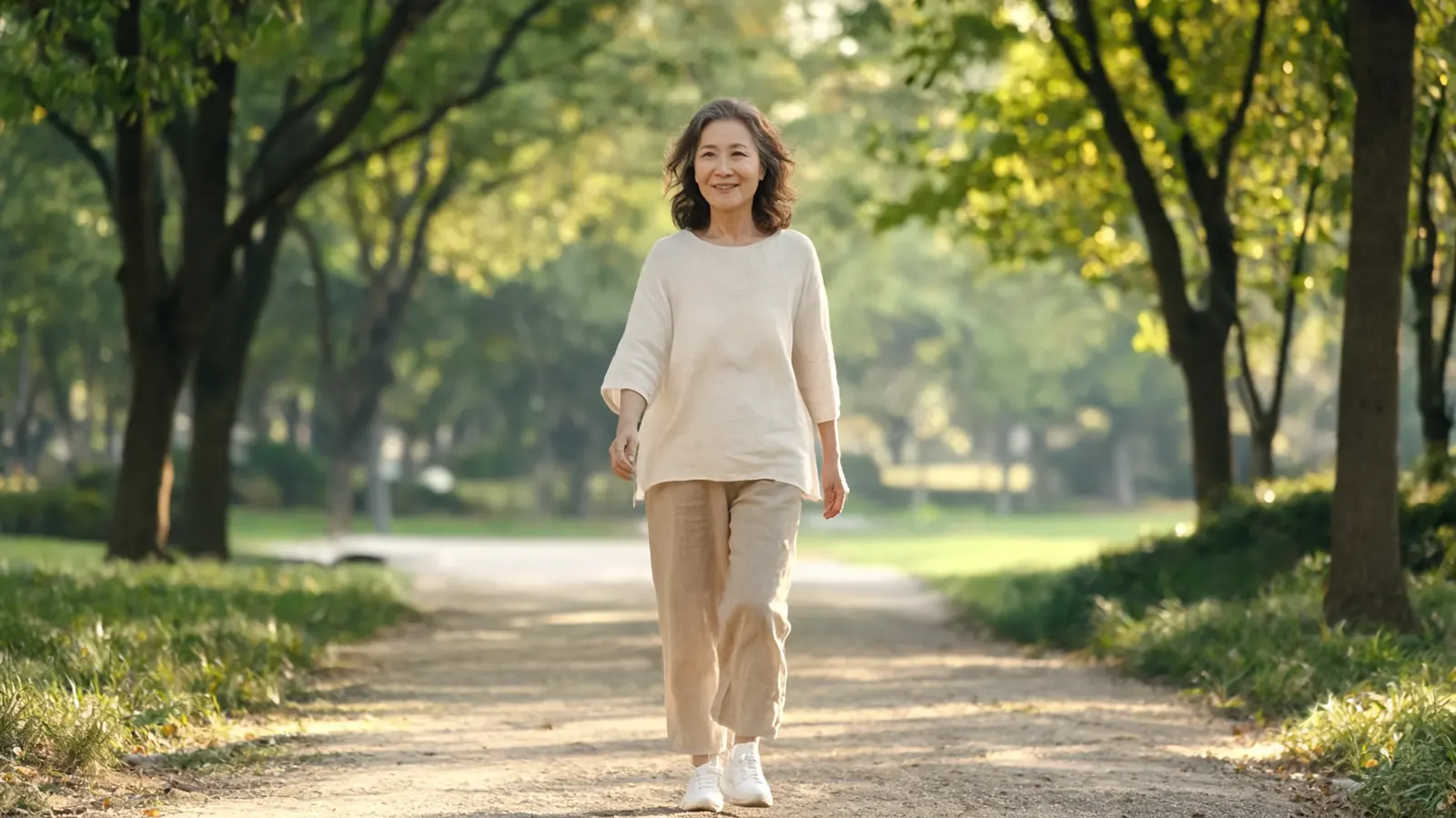 Woman over 50 walking outdoors on a paved path through a park, relaxed posture, light jacket, morning light filtering through trees