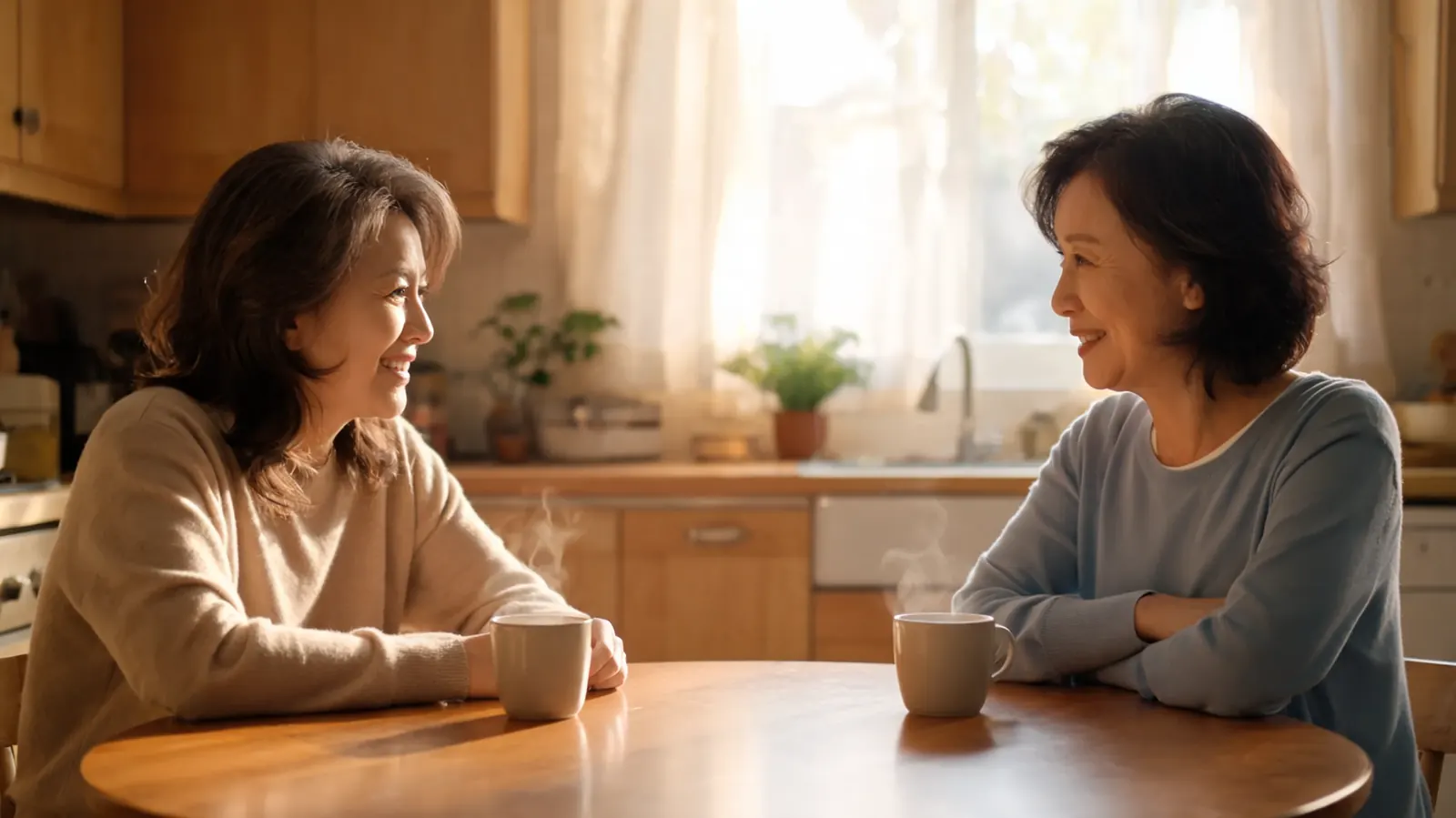 Two women in their fifties talking over tea at a kitchen table